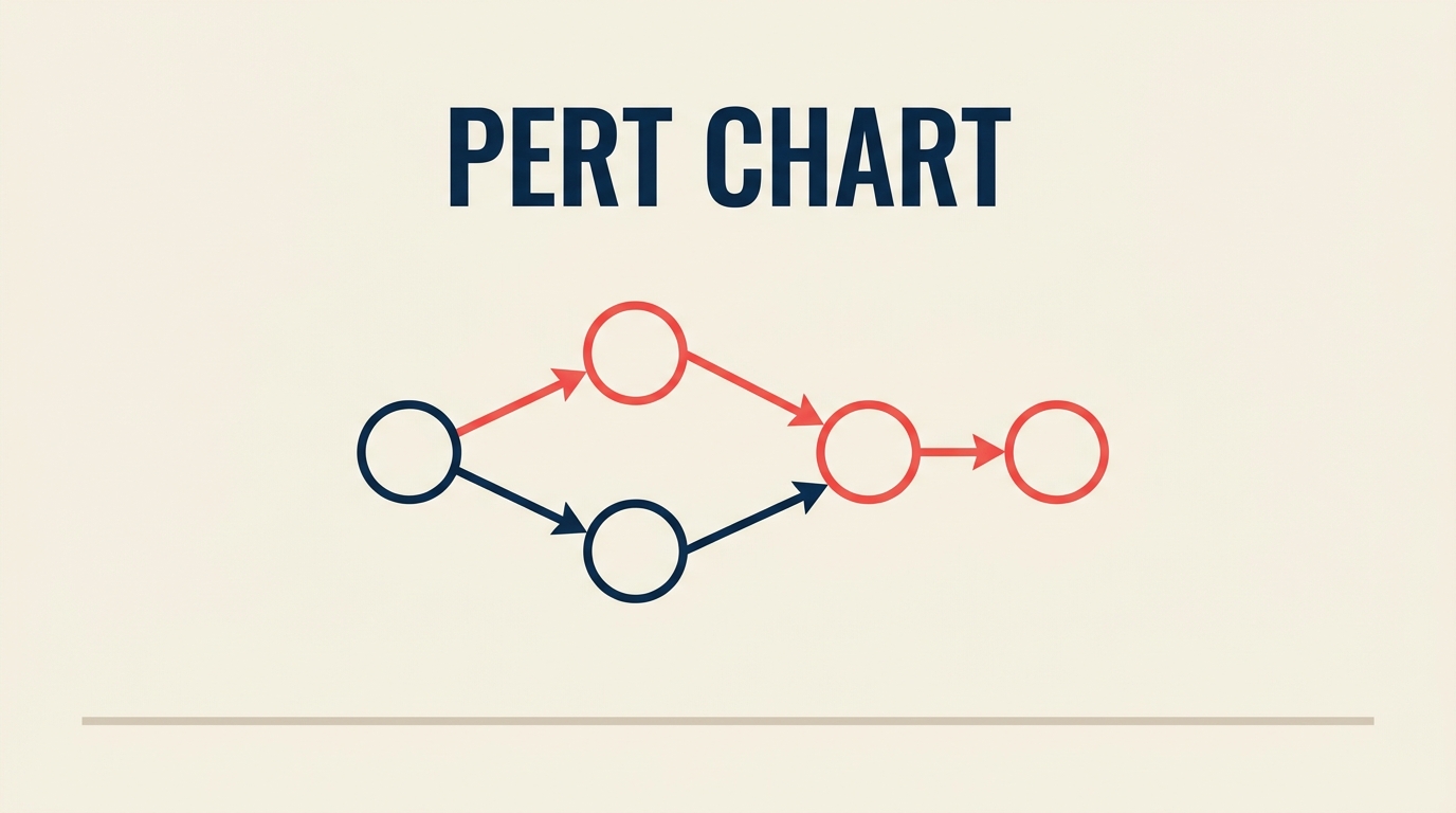 PERT chart network diagram with nodes, arrows, and a highlighted critical path
