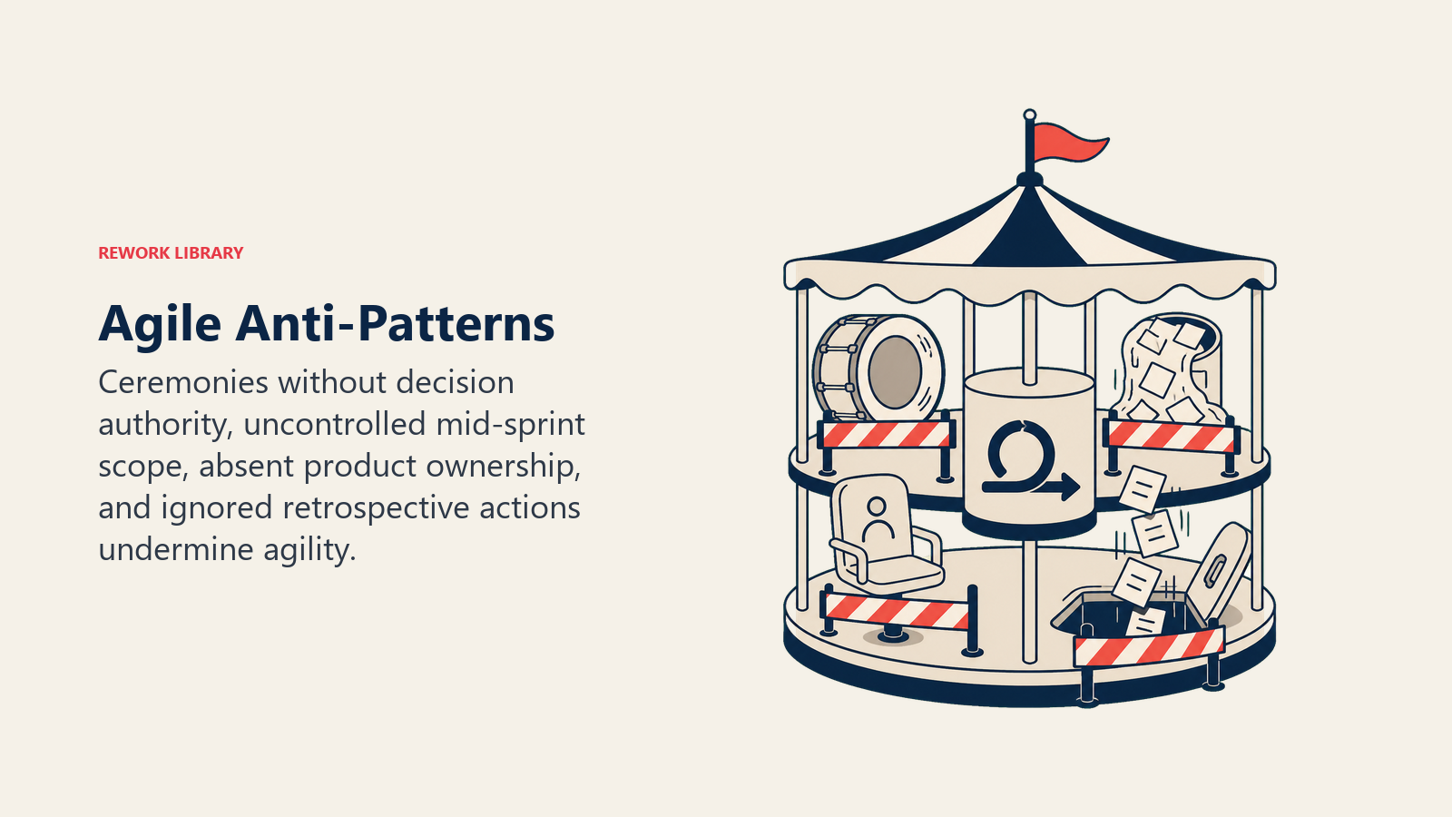 Agile Anti-Patterns shown as ceremonies trapped by weak authority, scope churn, absent ownership, and ignored actions