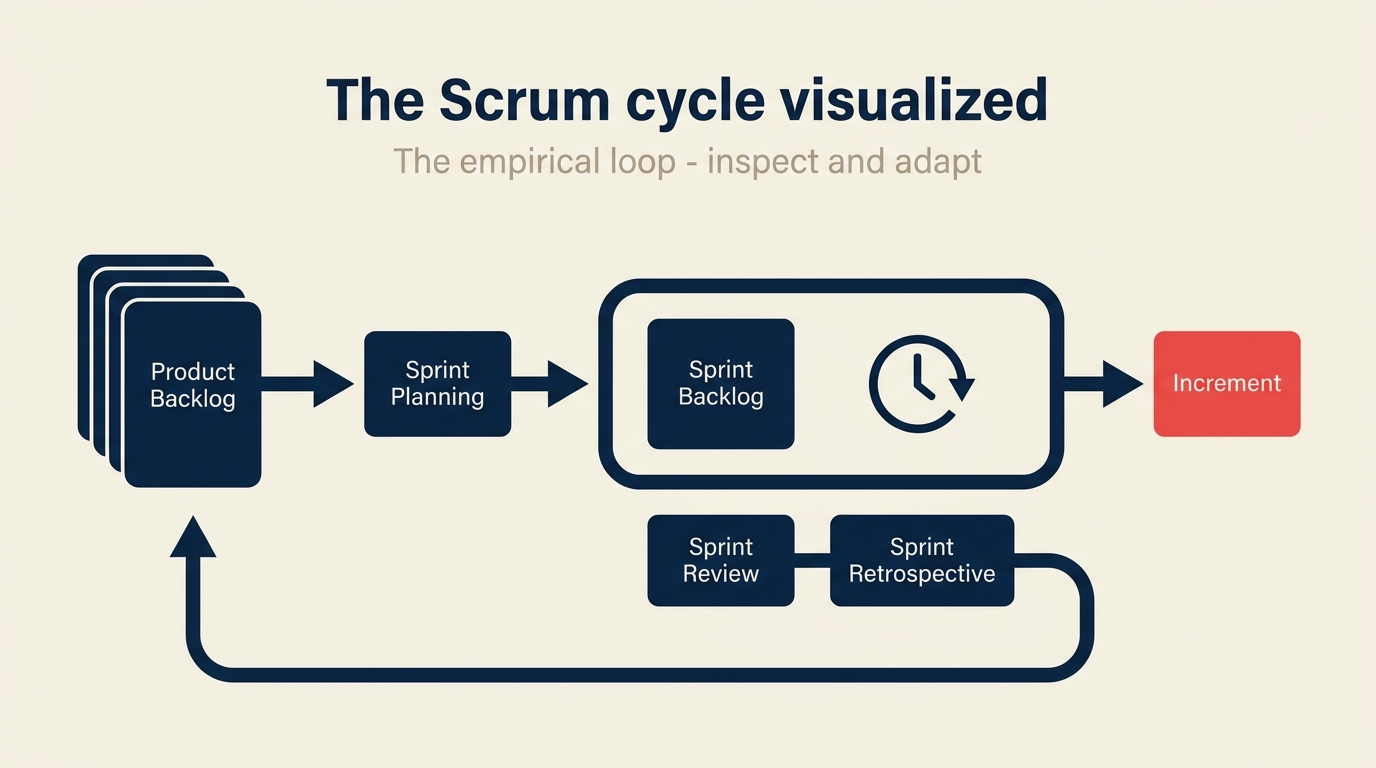 Scrum cycle showing product backlog flowing into sprint planning sprint backlog daily scrum and sprint review