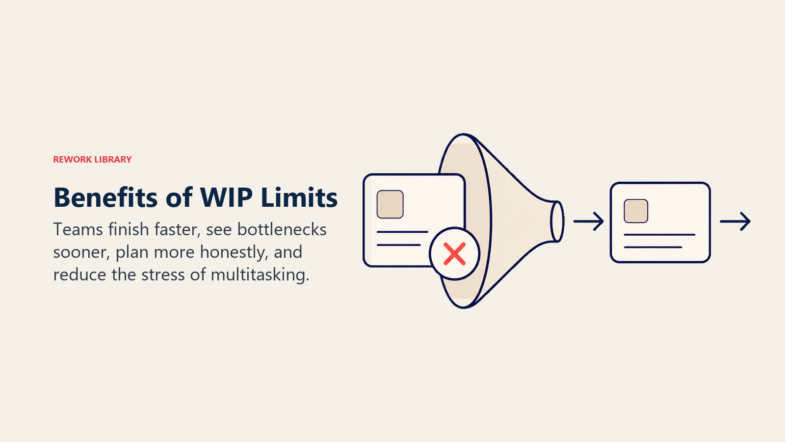 Benefits of WIP Limits illustrated by a bottleneck lens revealing a blocked card, followed by a clear flow and one finished coral token