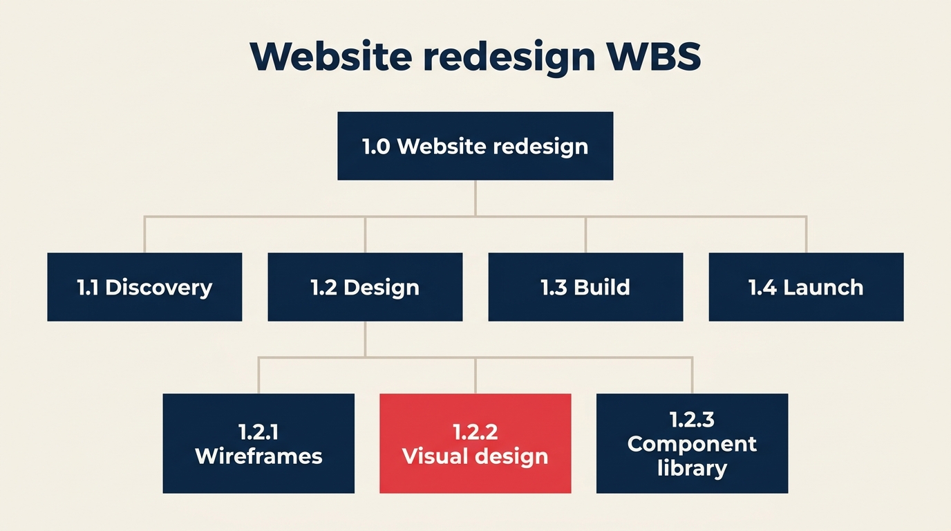 Example WBS for a website redesign with WBS codes, deliverables, and work packages