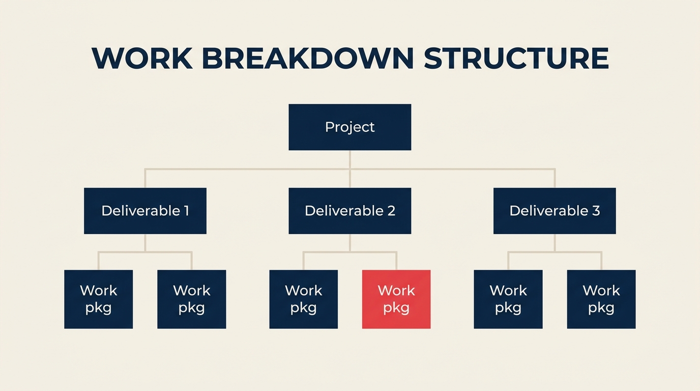 Tree-style work breakdown structure with project at the top and work packages at the bottom