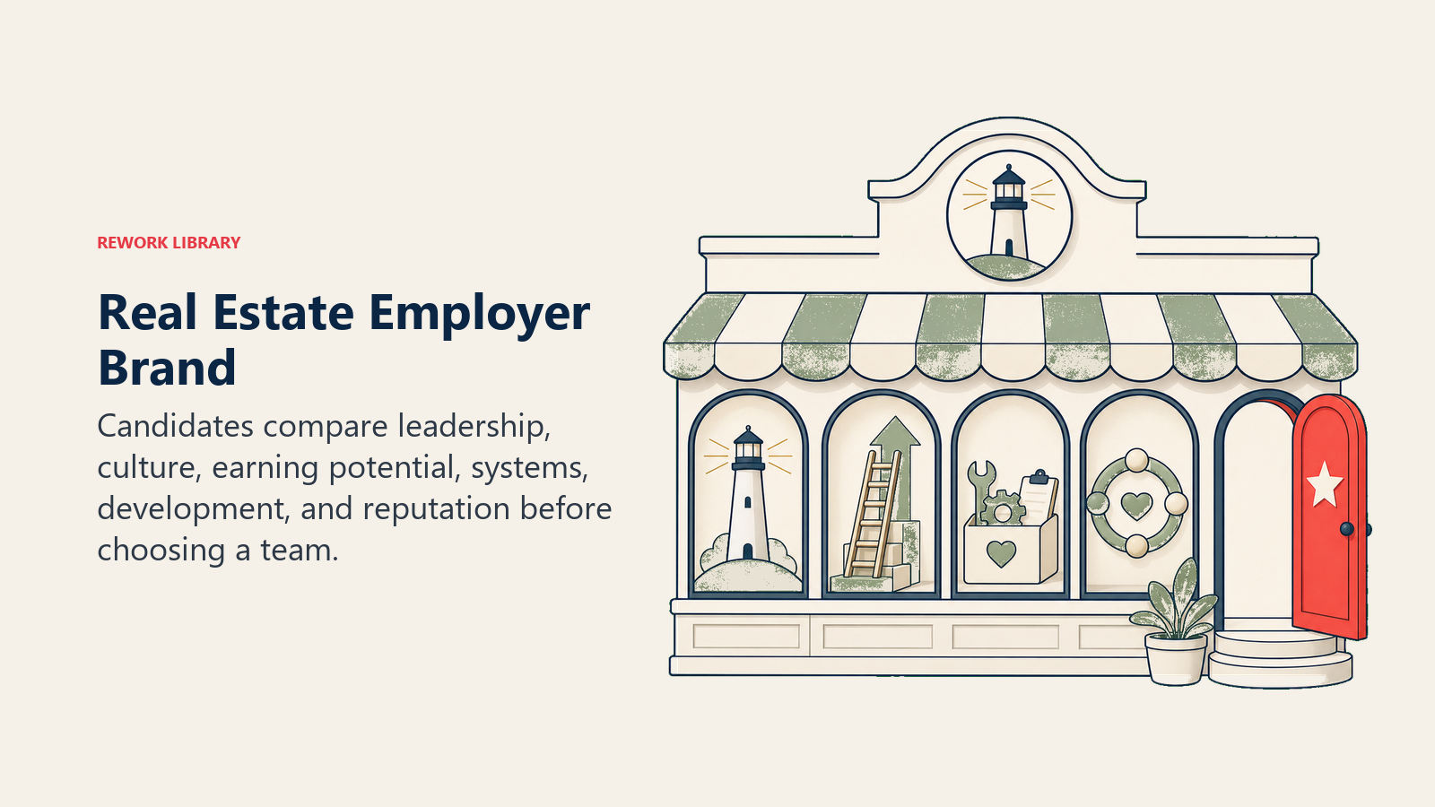 Real Estate Employer Brand: an employer-brand storefront displaying a leadership beacon, growth ladder, support toolkit, culture ring, and coral opportunity door