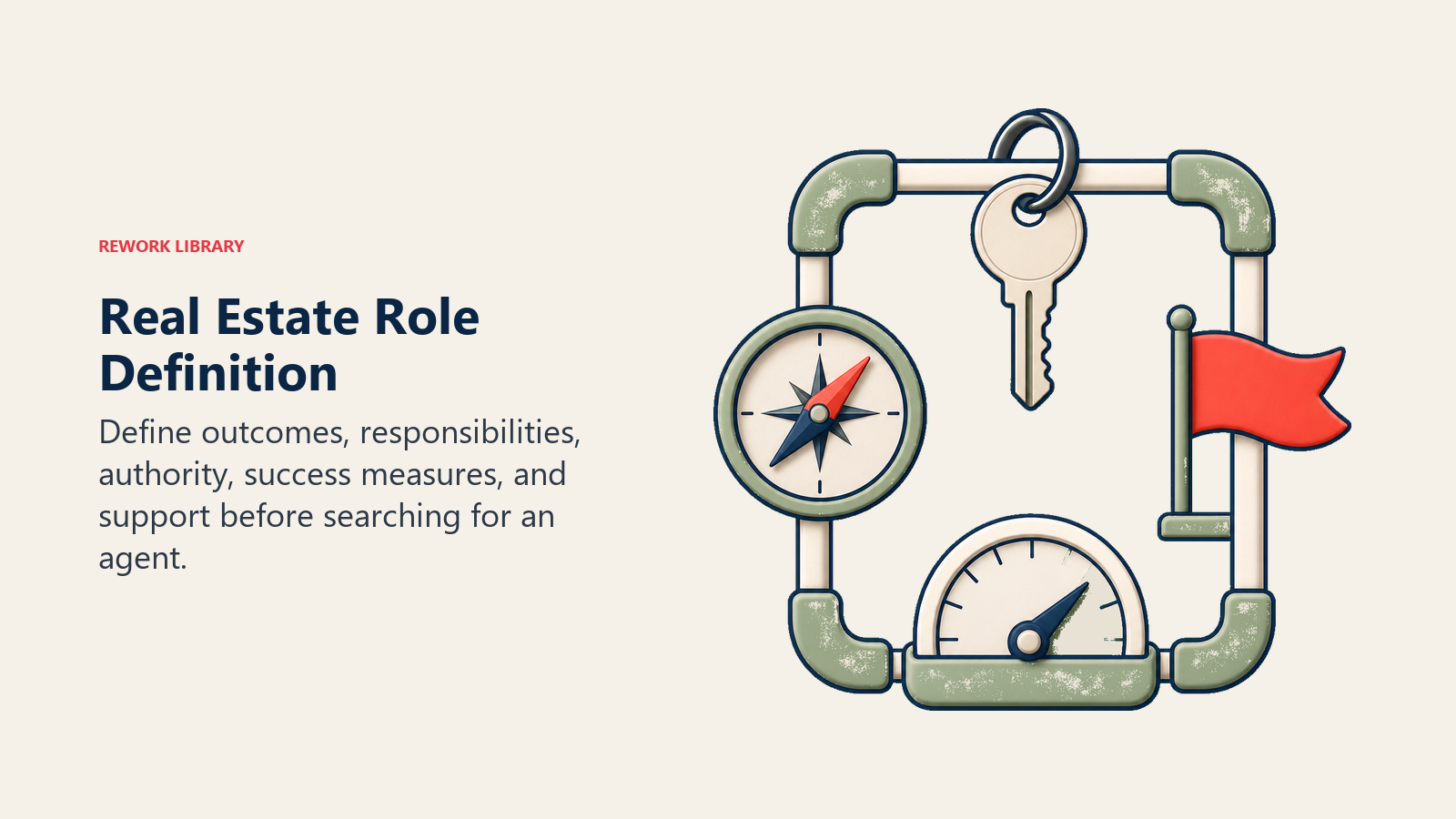 Real Estate Role Definition: a precise role blueprint frame holding a house key, responsibility compass, outcome flag, and capacity gauge