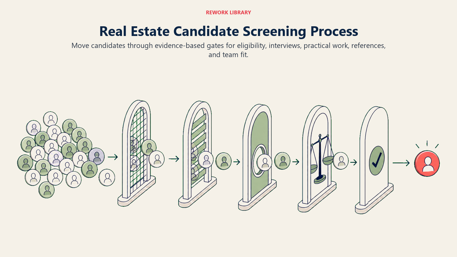 Real Estate Candidate Screening Process: a wide five-gate screening course filtering many candidate tokens into one coral final-fit agent token