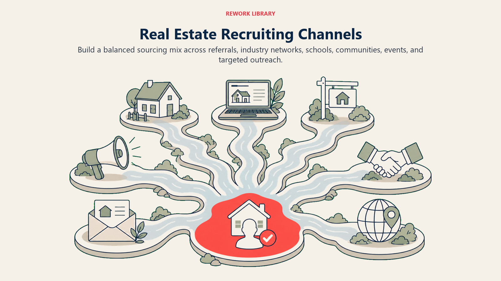 Real Estate Recruiting Channels: a wide recruiting river delta with six distinct source channels converging on one coral qualified-agent pool
