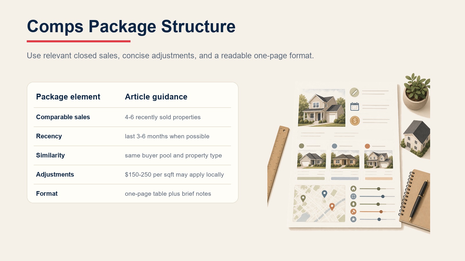 Comps package structure table for comparable sales, recency, similarity, adjustments, and format