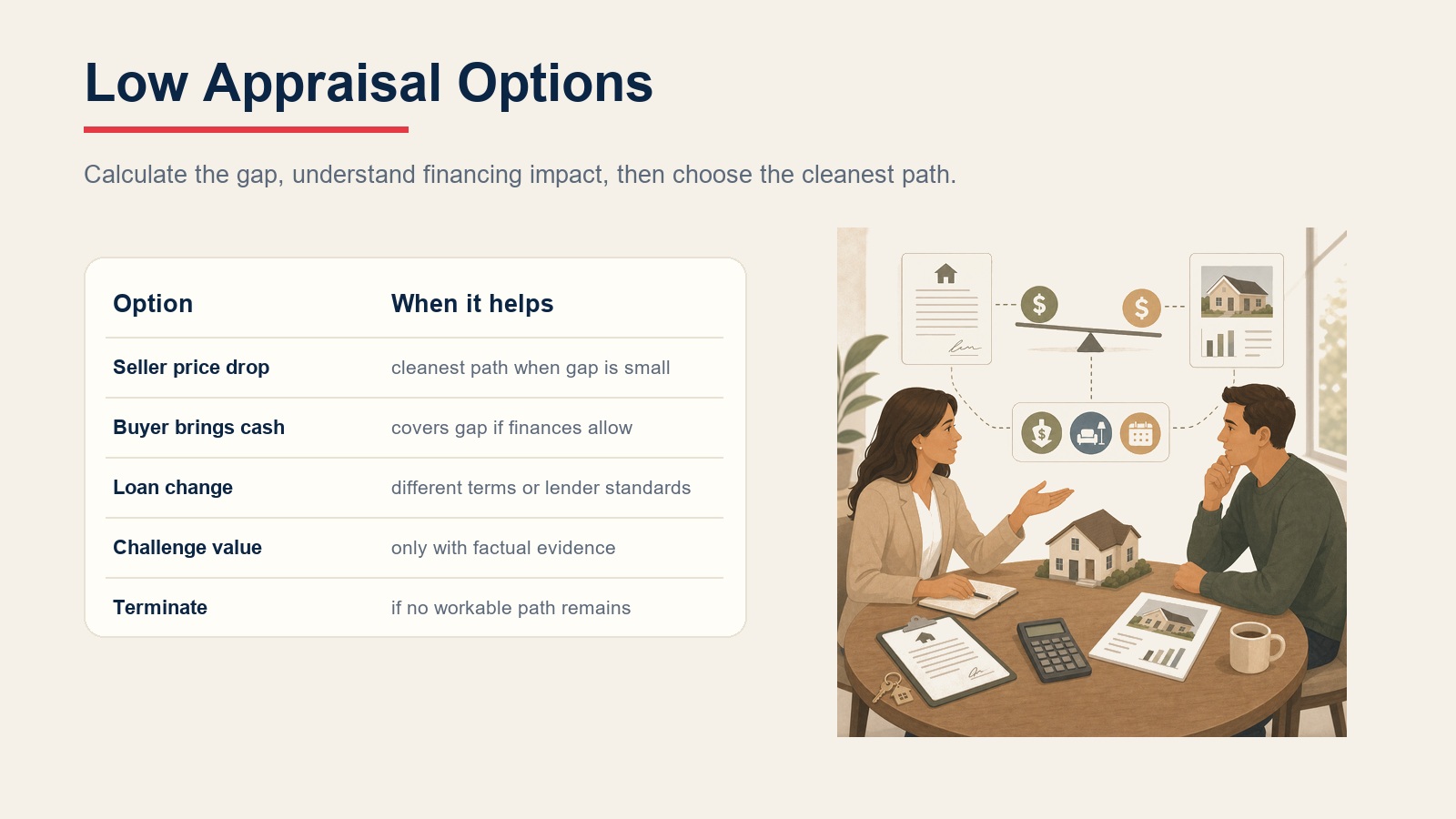 Low appraisal options table showing seller price drop, buyer cash, loan change, challenge value, and termination