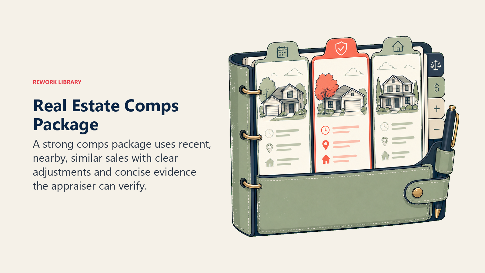 Real Estate Comps Package illustrated as comparable-sales binder for a real estate operating system