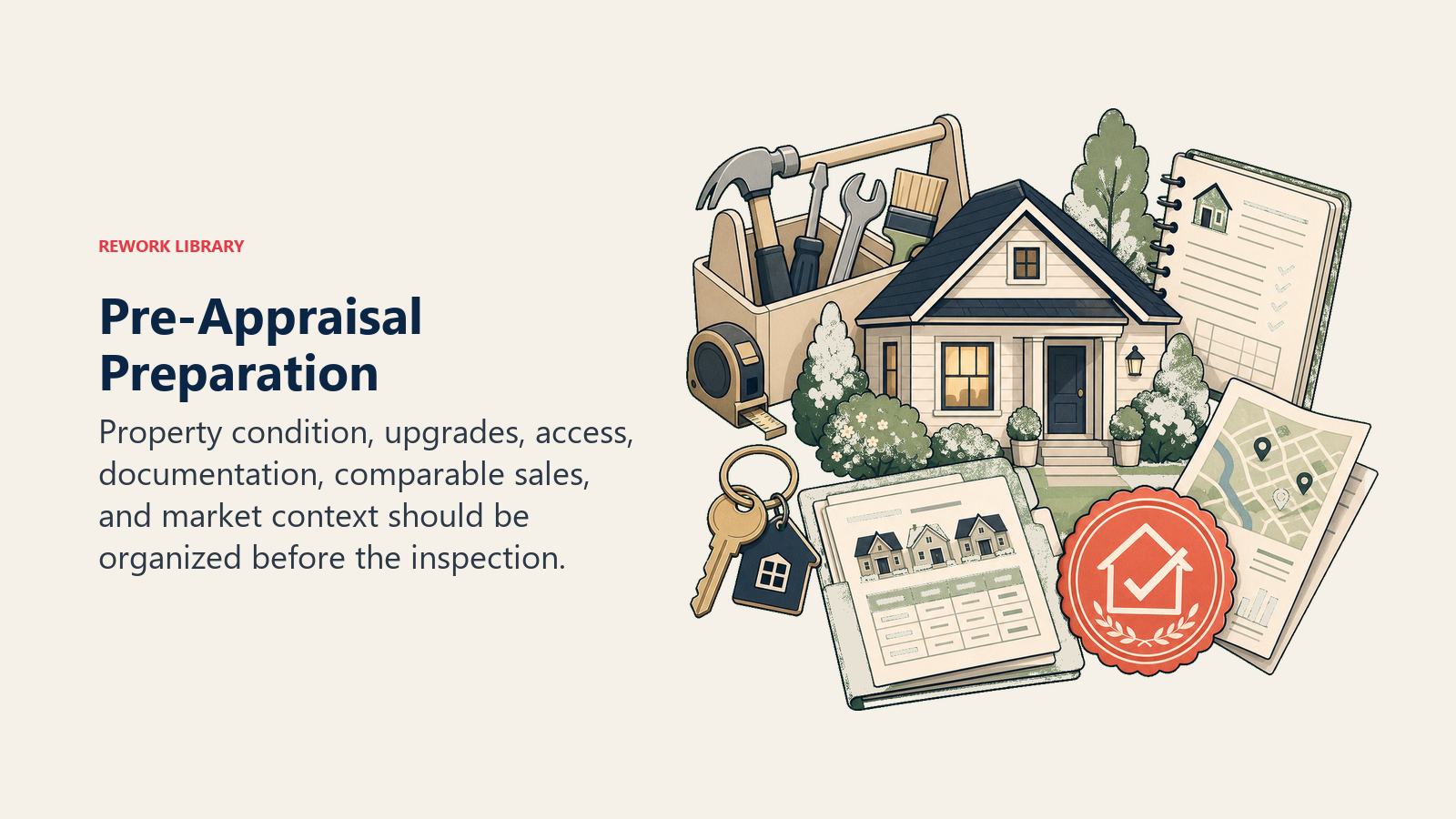 Pre-Appraisal Preparation illustrated as prepared-home evidence kit for a real estate operating system