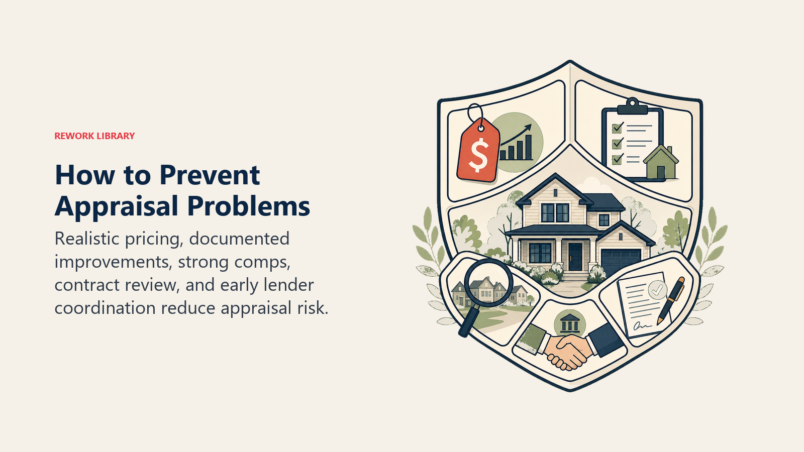 How to Prevent Appraisal Problems illustrated as five-part appraisal risk shield for a real estate operating system