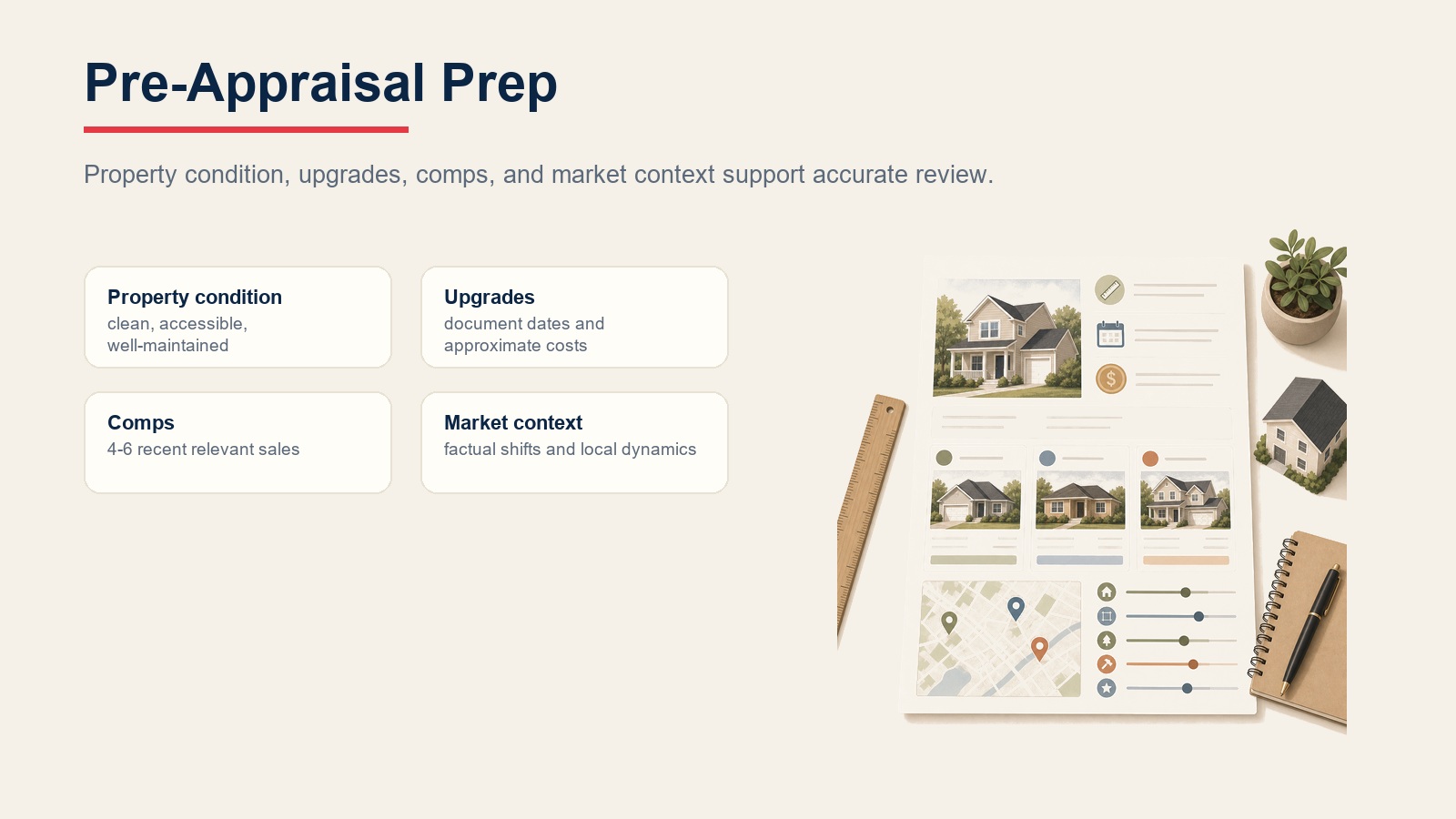 Pre-appraisal prep cards for property condition, upgrades, comps, and market context