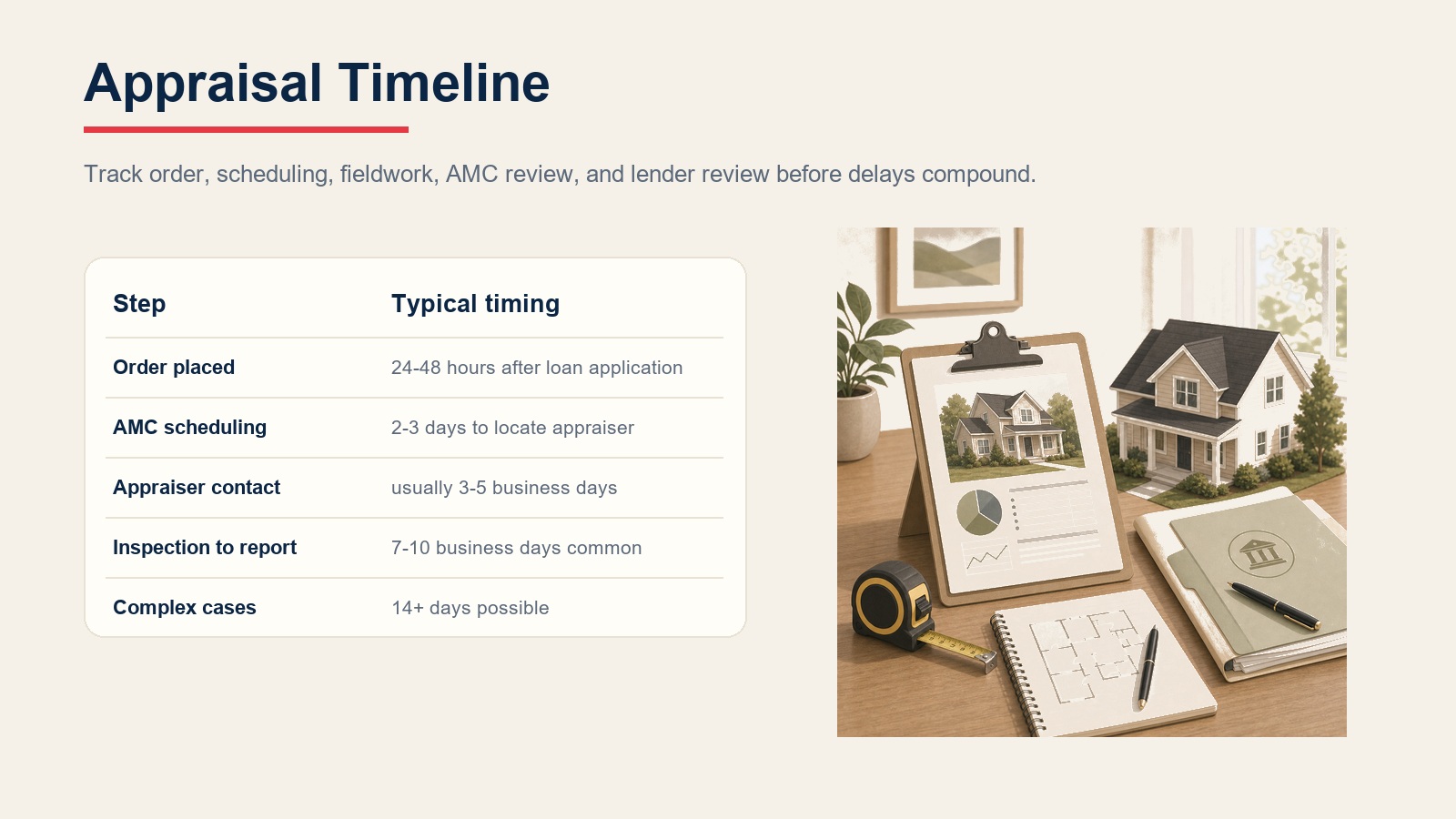 Appraisal timeline table showing order, AMC scheduling, appraiser contact, inspection to report, and complex cases