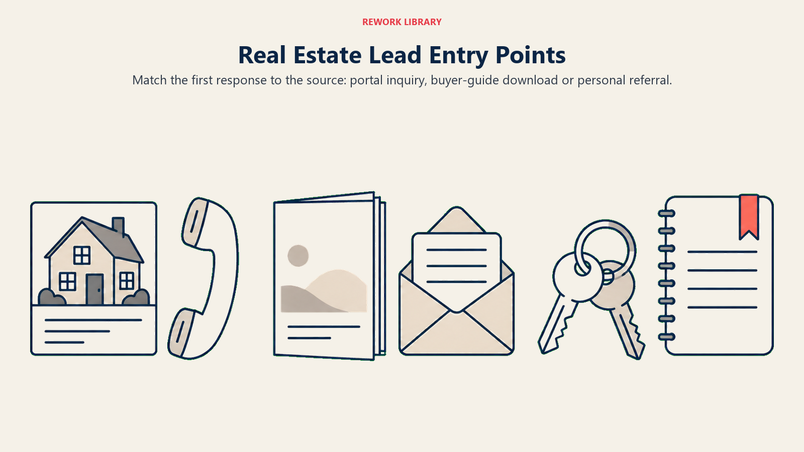 Real estate entry points pair a portal inquiry with a call, a buyer guide with education and a referral with personal contact.