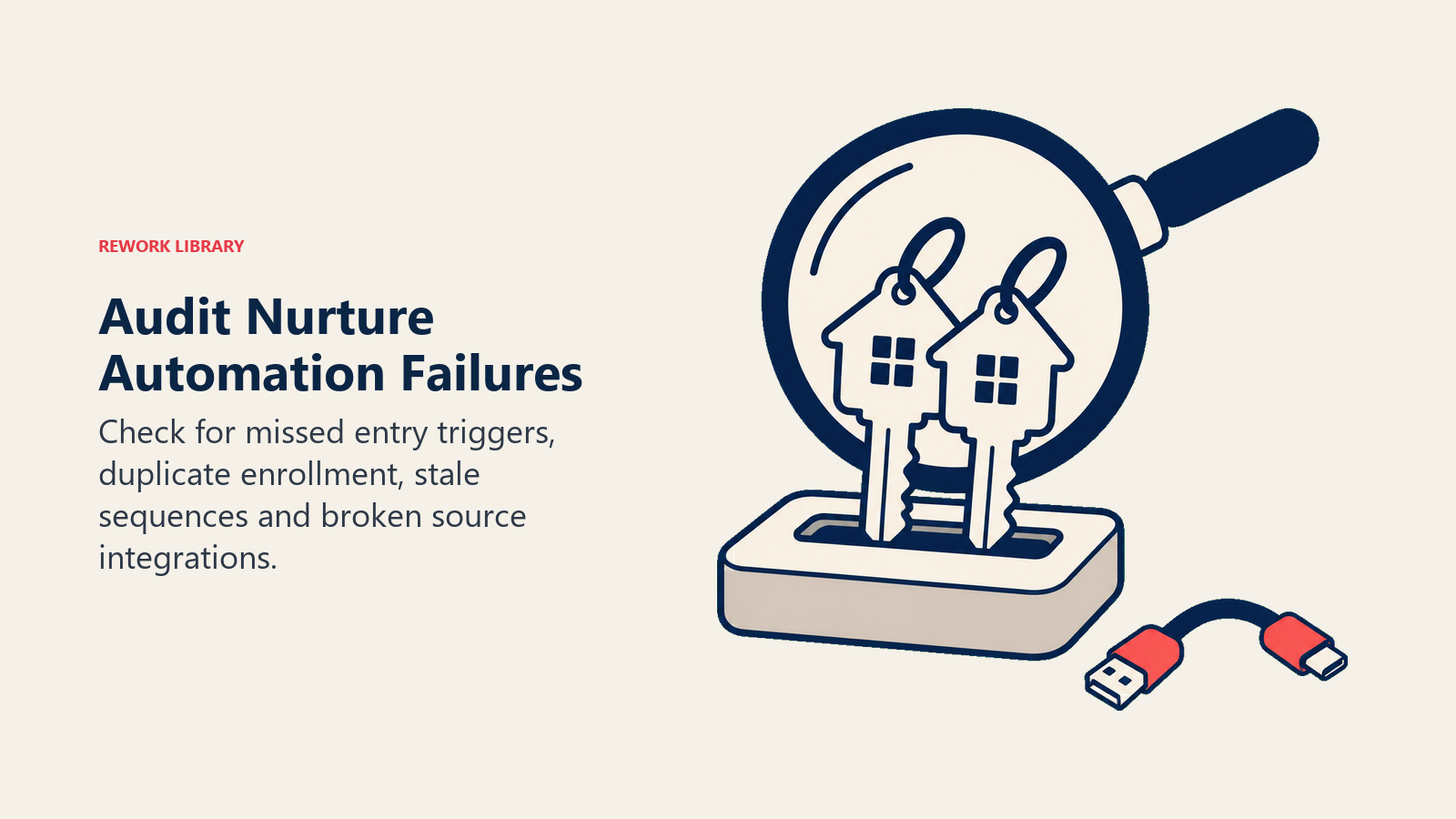 Nurture automation audit reveals duplicate property lead keys and a disconnected integration cable.