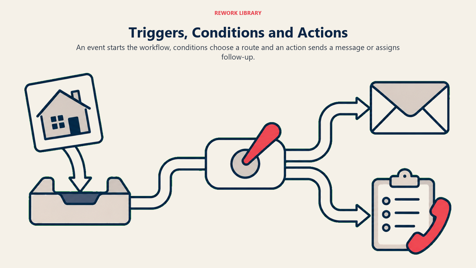A property inquiry triggers a condition switch that routes to a message or agent follow-up task.