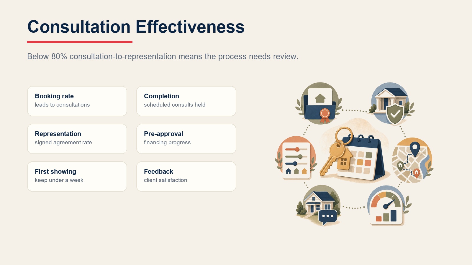 Buyer consultation effectiveness metrics including booking, completion, representation, pre-approval, first showing, and feedback