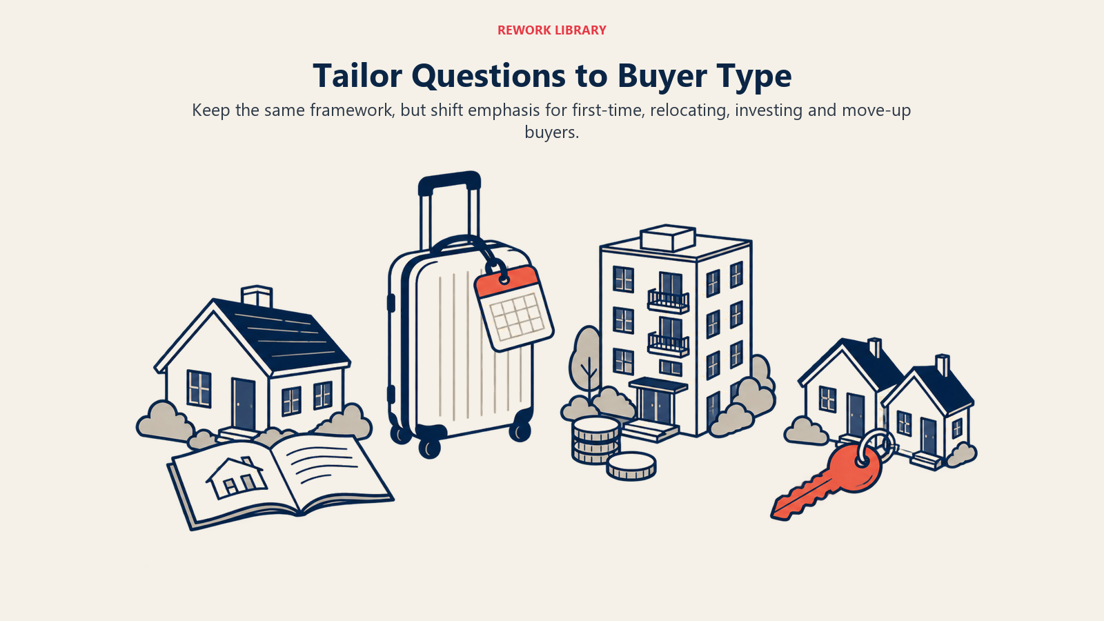 Tailor Questions to Buyer Type illustrated by four specialized homebuyer question artifacts.