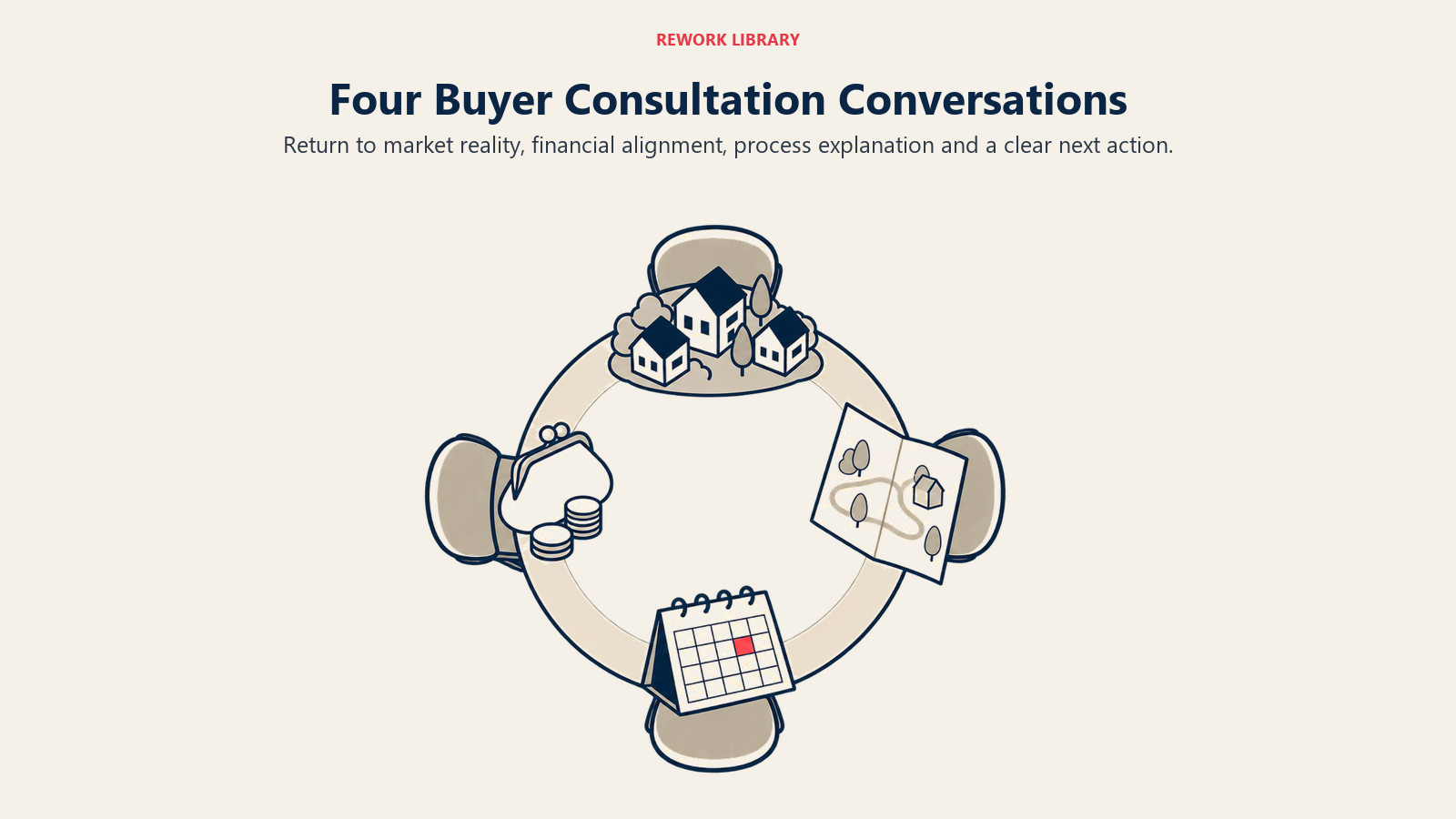 Four Buyer Consultation Conversations illustrated by four conversation artifacts around an open round table.