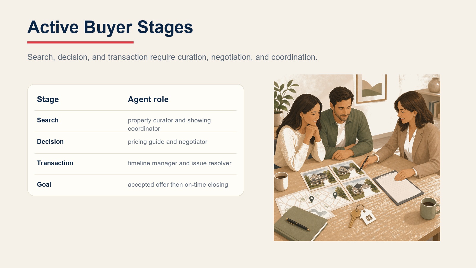 Active buyer stages table showing search, decision, transaction, and closing goal