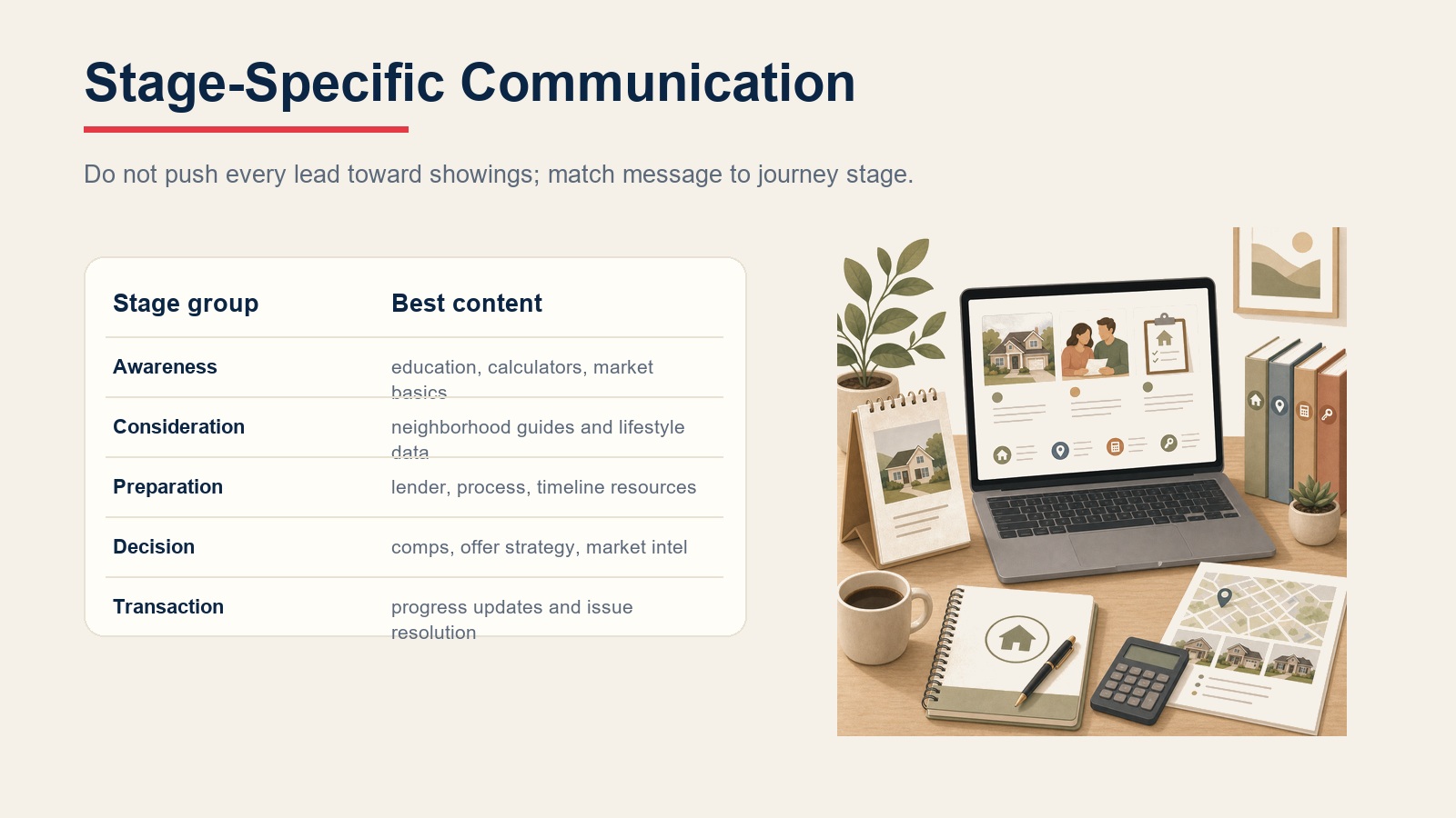 Stage-specific communication table matching buyer journey stages to useful content