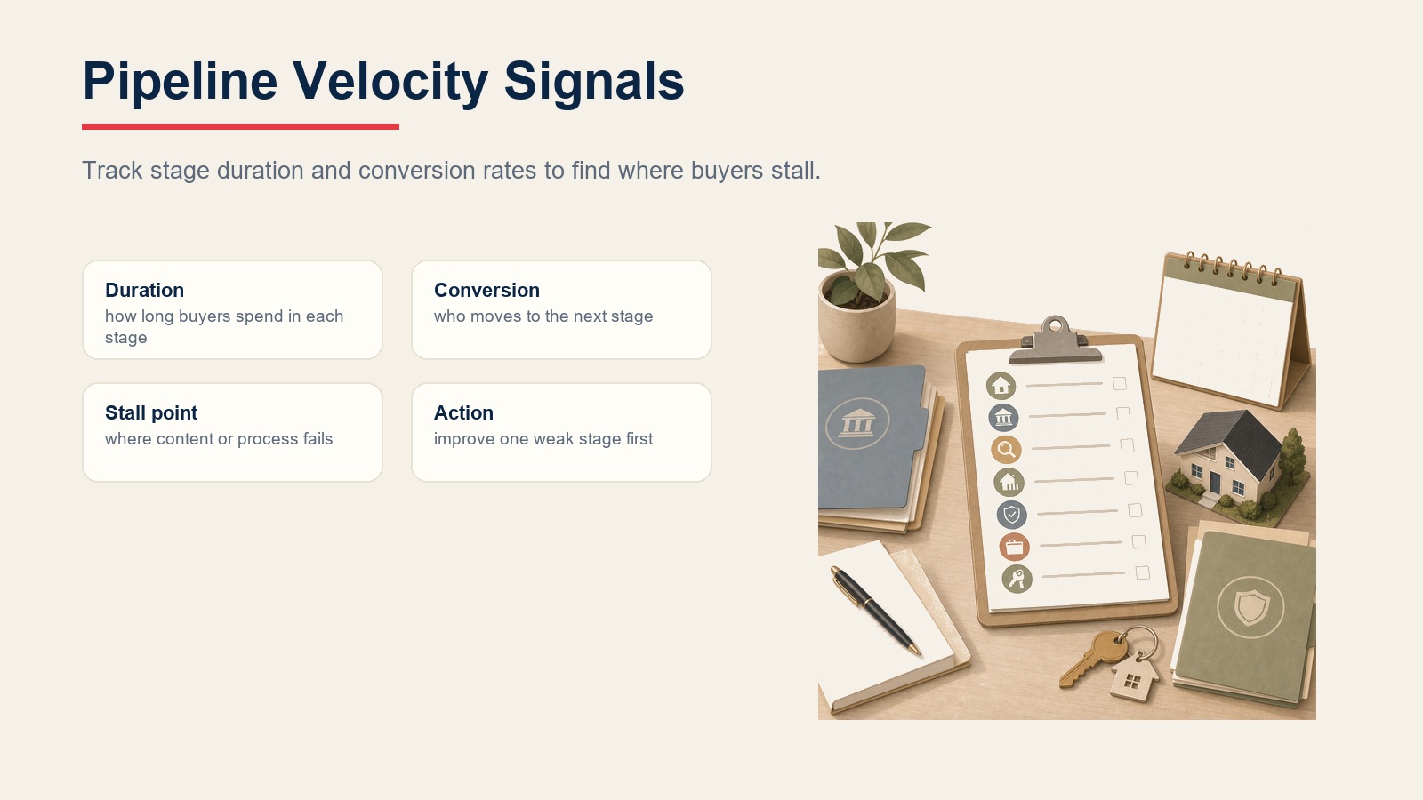 Pipeline velocity signals cards for duration, conversion, stall point, and action