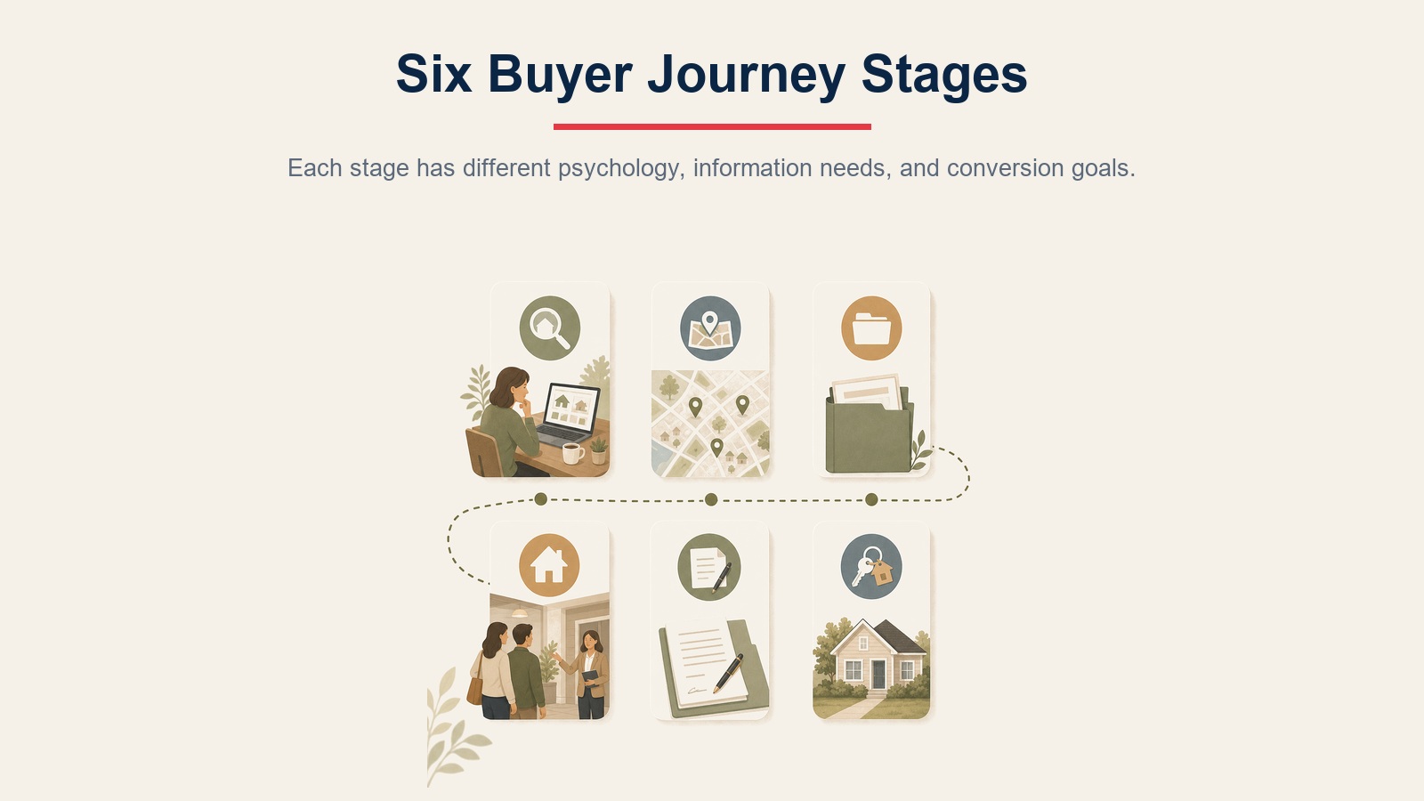 Six buyer journey stages visual showing awareness, consideration, preparation, search, decision, and transaction