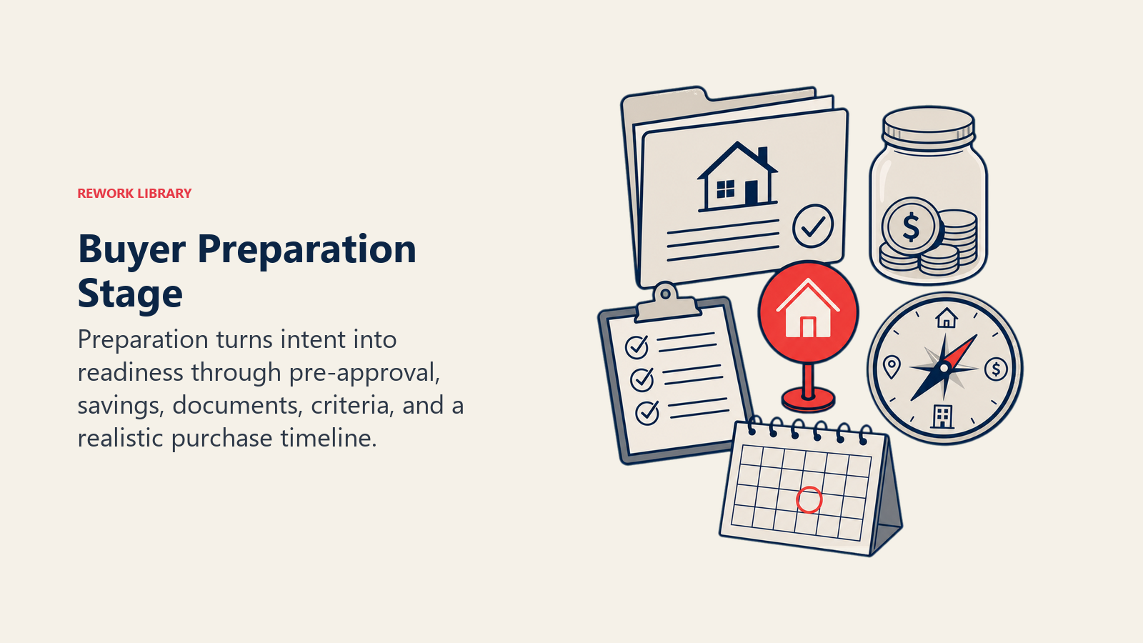Buyer Preparation Stage illustrated as buyer readiness kit with mortgage folder savings jar and criteria compass