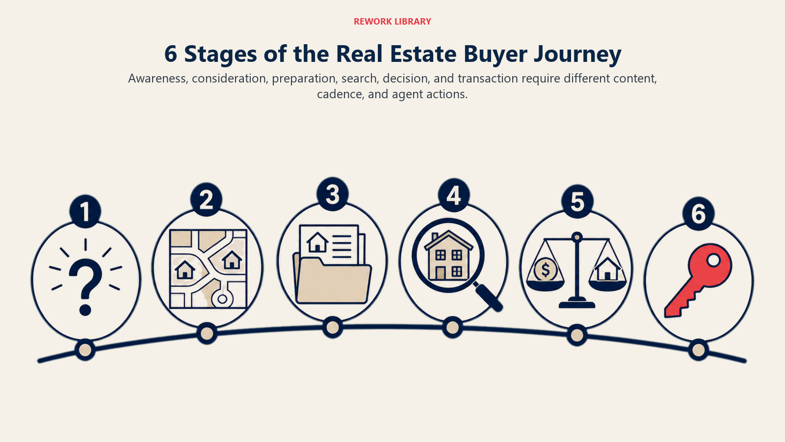 6 Stages of the Real Estate Buyer Journey illustrated as six distinct stage stations on one journey arc