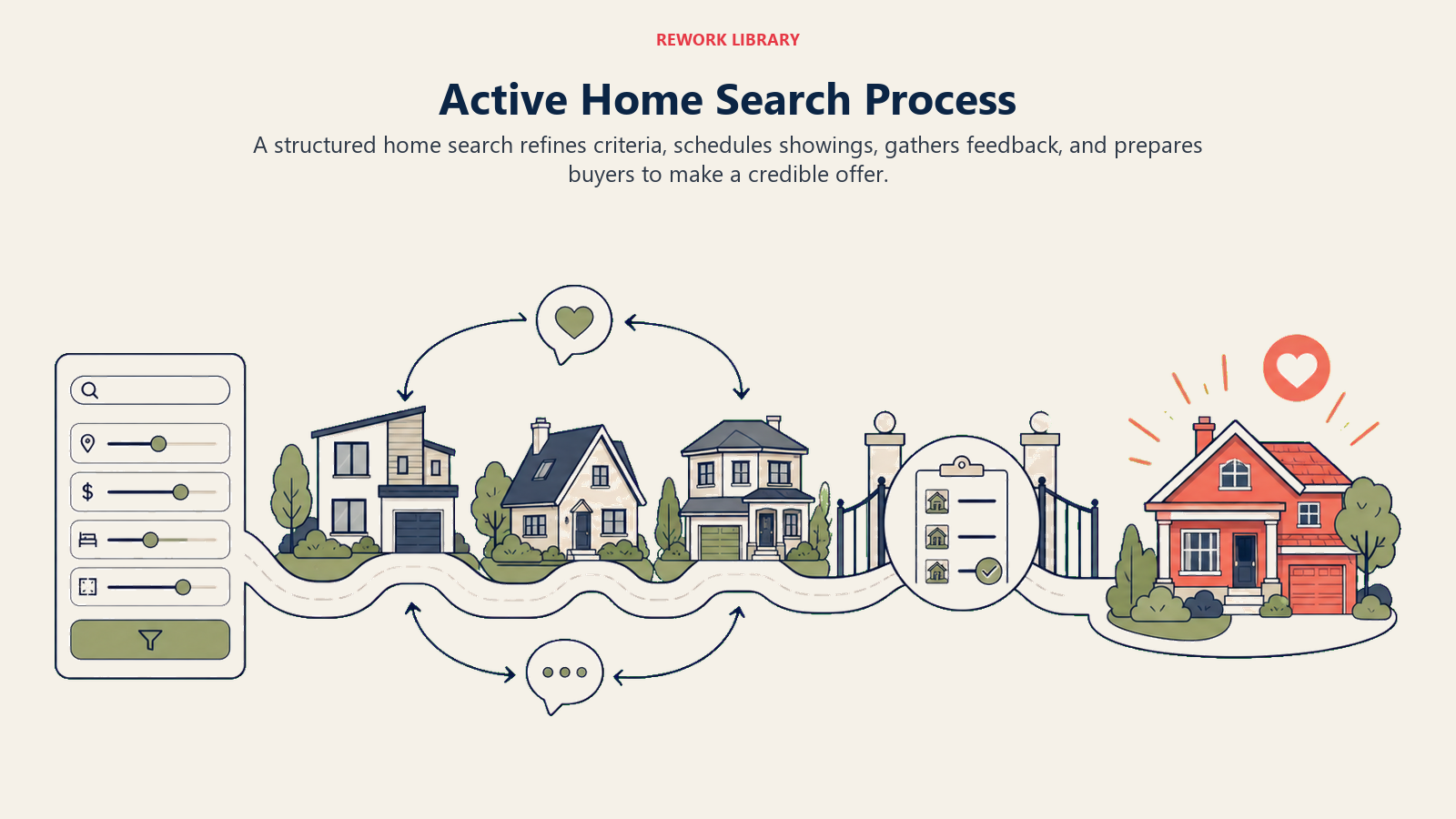 Active Home Search Process illustrated as home-search route for a real estate operating system