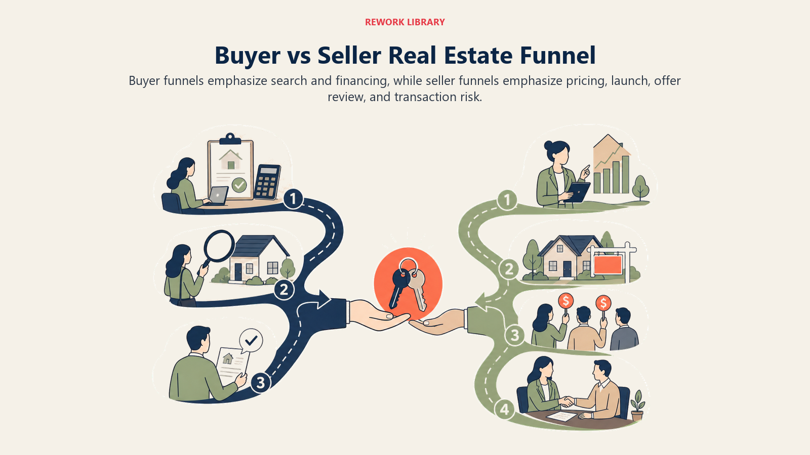 Buyer vs Seller Real Estate Funnel illustrated as buyer and seller funnel paths for a real estate operating system