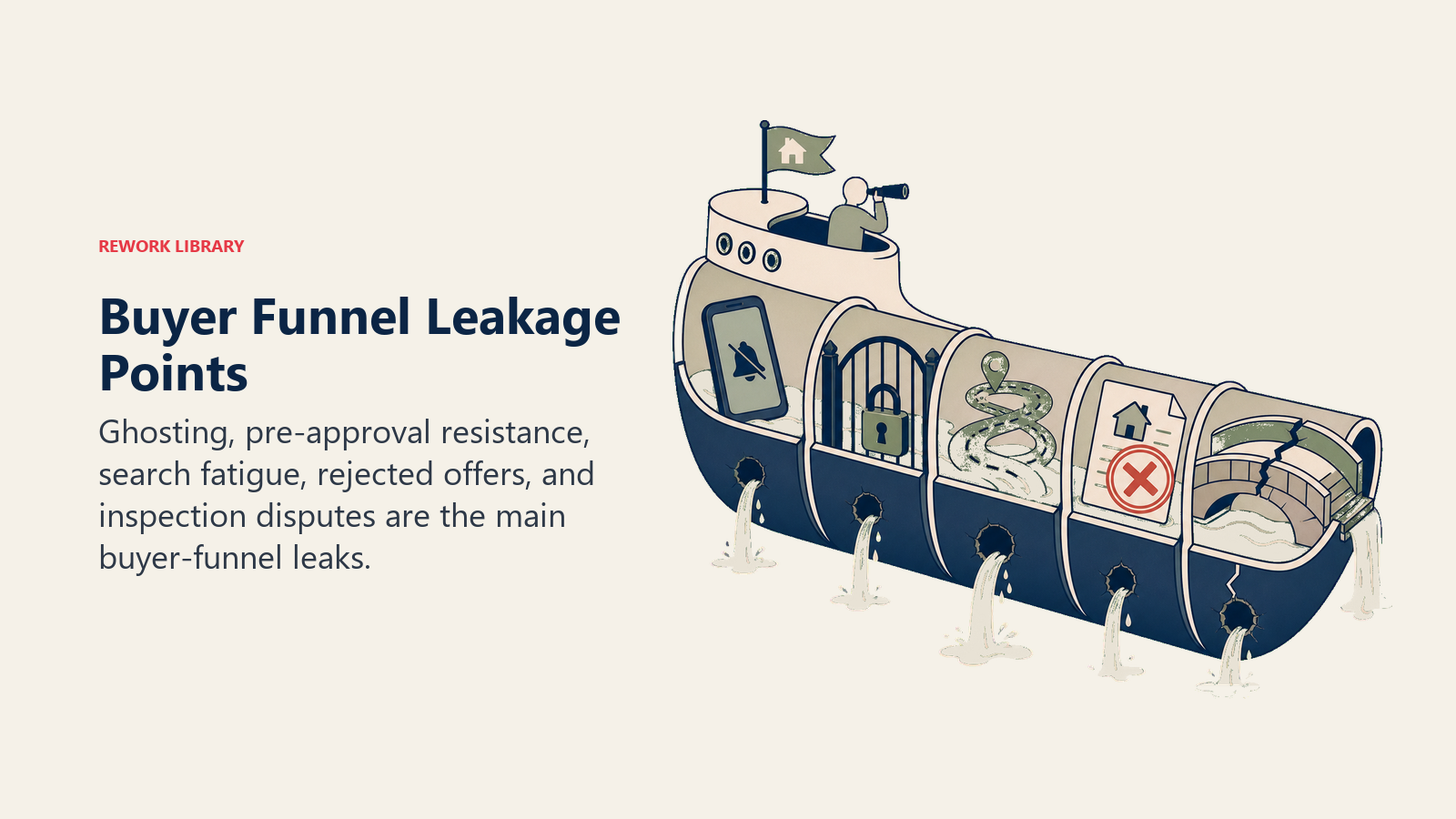 Buyer Funnel Leakage Points illustrated as leaking buyer pipeline for a real estate operating system