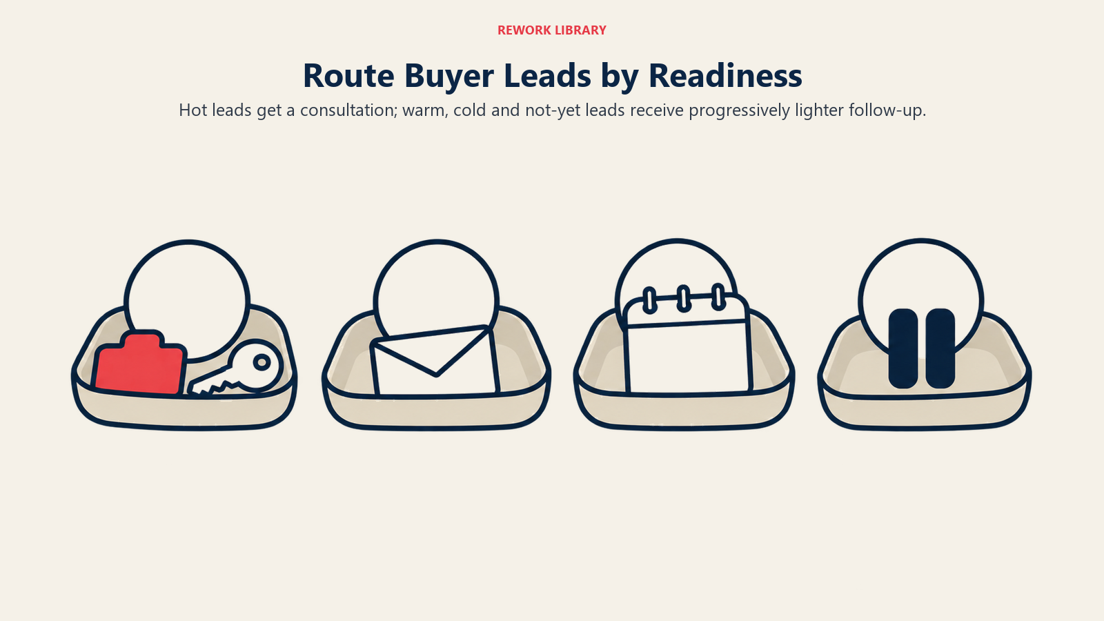 Route Buyer Leads by Readiness illustrated by four follow-up trays with different timing artifacts.