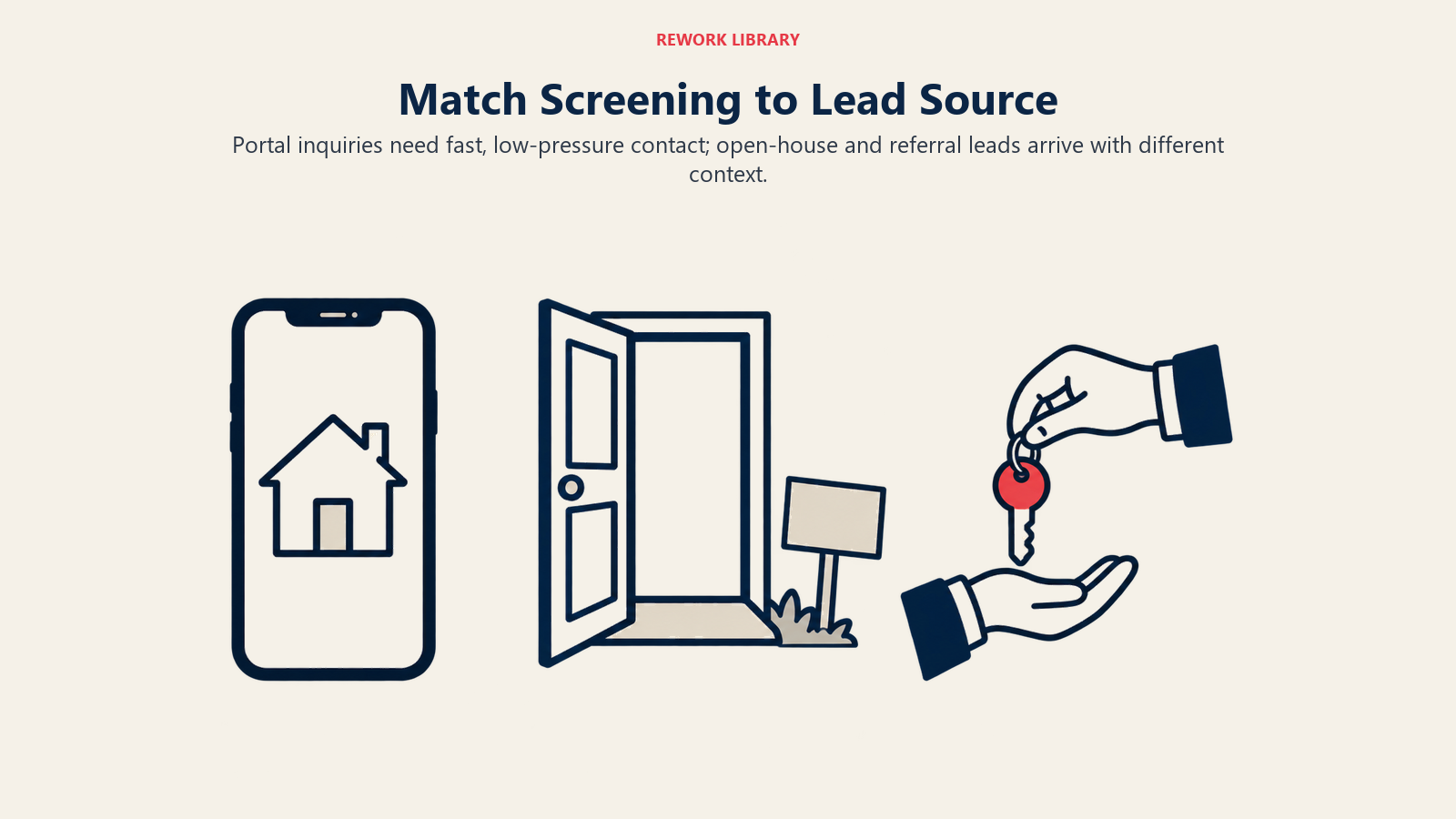 Match Screening to Lead Source illustrated by portal phone, open-house doorway and referral key.