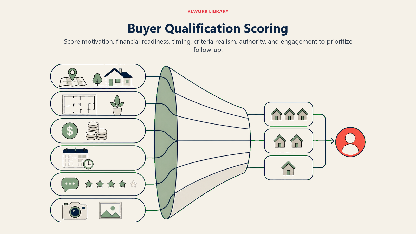 Buyer Qualification Scoring: a wide scoring funnel with six evidence lanes feeding priority tiers and one coral high-priority buyer token