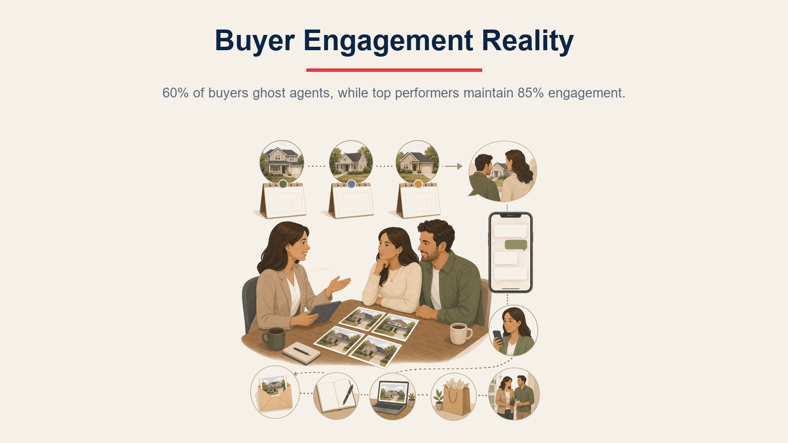 Buyer engagement reality visual showing 60 percent ghosting risk and 85 percent engagement target