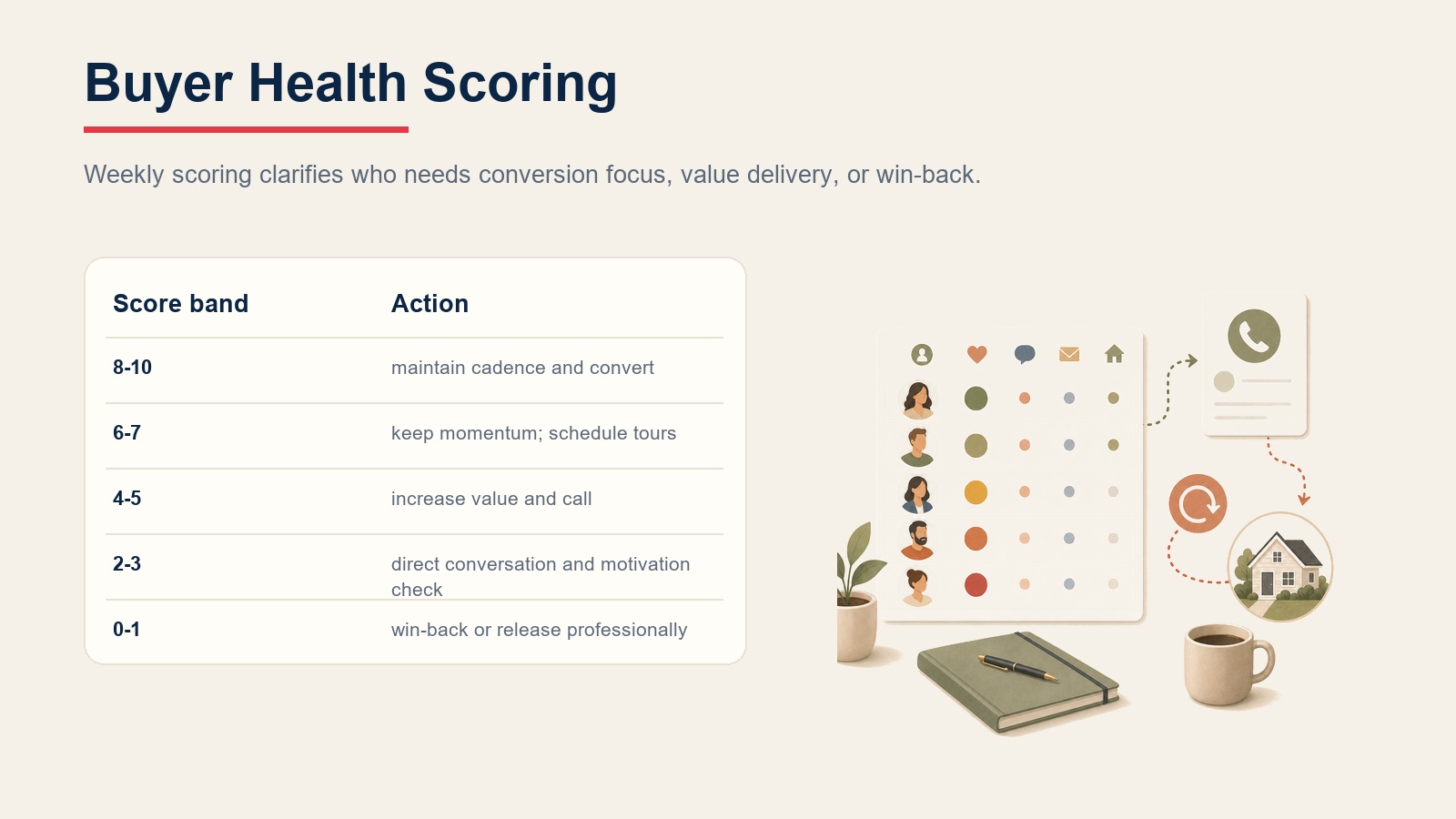 Buyer health scoring table mapping score bands to engagement actions