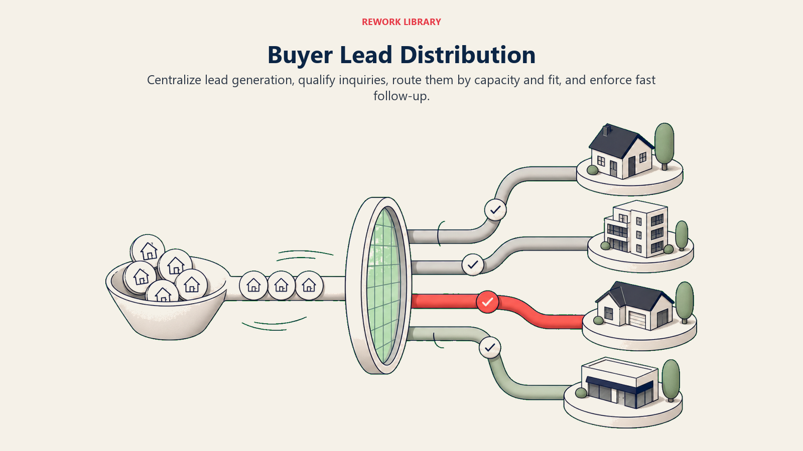Buyer Lead Distribution: a wide lead-routing system moving inquiry tokens through a qualification lens into balanced specialist lanes with one coral priority path