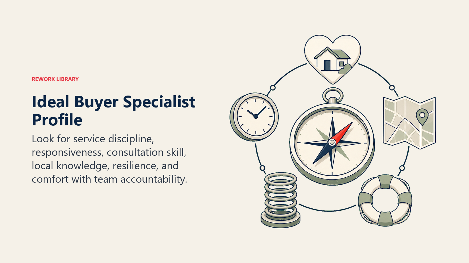 Ideal Buyer Specialist Profile: a specialist-fit compass surrounded by a service heart, response clock, market map, resilience spring, and accountability ring