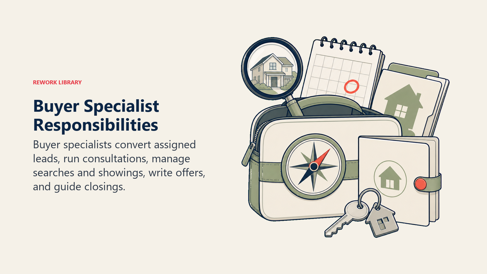 Buyer Specialist Responsibilities: a buyer-agent field kit with consultation compass, search lens, showing calendar, offer folder, and closing key