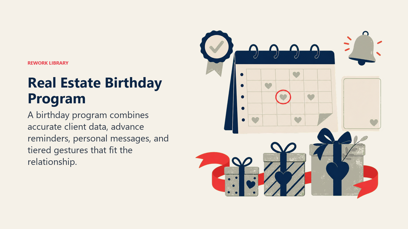 Real estate birthday program using verified client data, reminders, cards, and tiered gestures