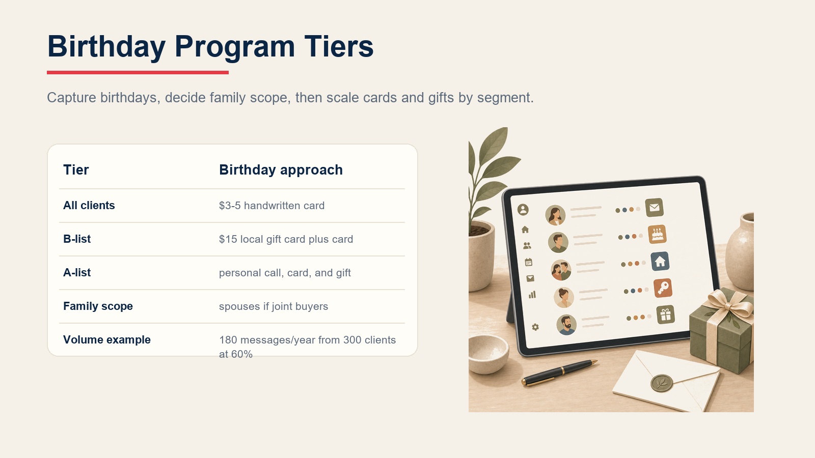 Birthday program tiers table showing card, gift, call, family scope, and annual volume approaches