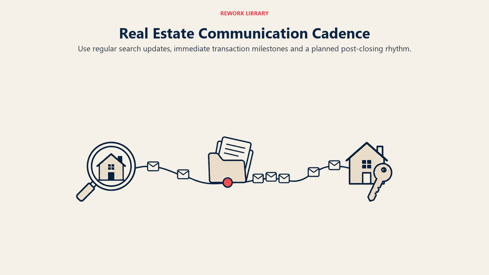Real Estate Communication Cadence illustrated by communication ribbon crossing home transaction milestones.