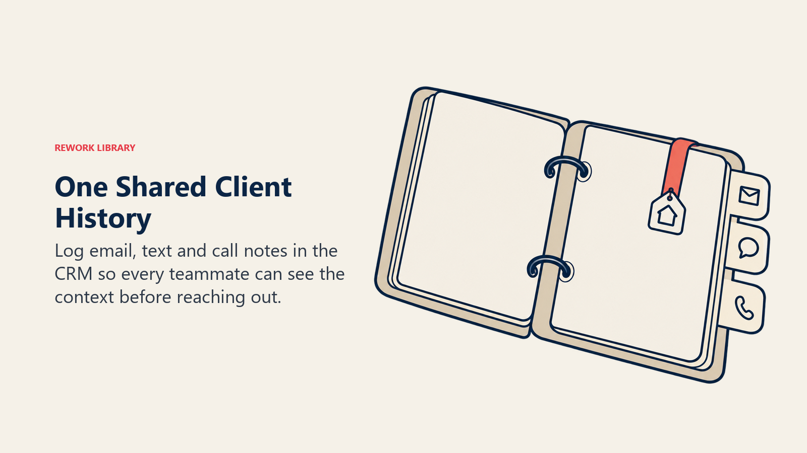 One Shared Client History illustrated by one open client binder with channel tabs.