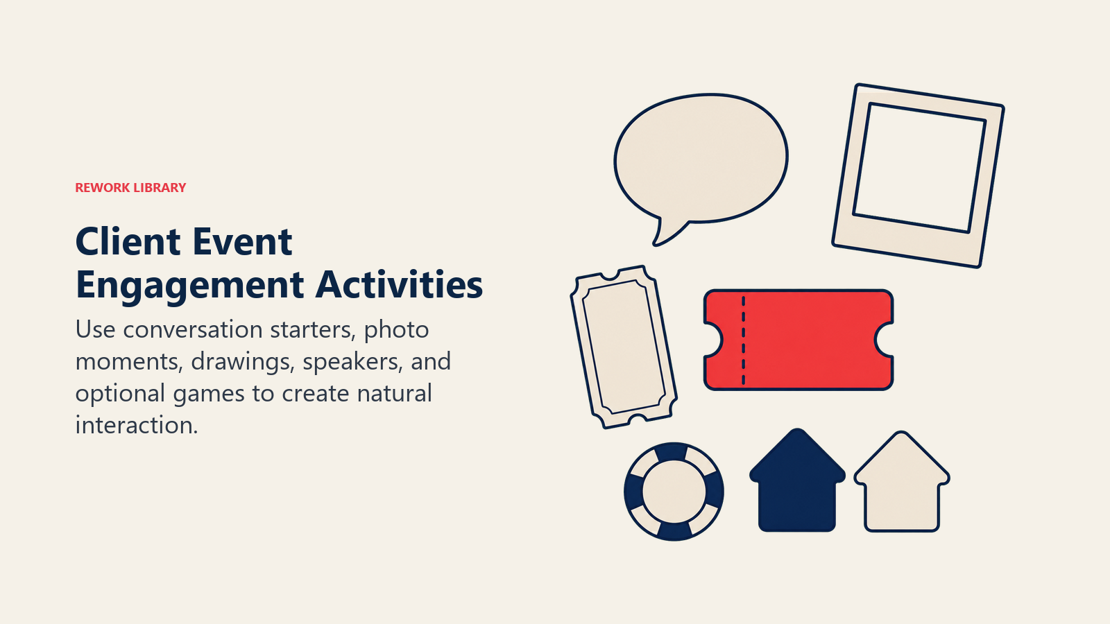 Client Event Engagement Activities illustrated with a lively but sparse arrangement of a conversation card, blank photo frame, prize bowl, microphone, and simple home-price guessing tokens around one coral participation ticket.