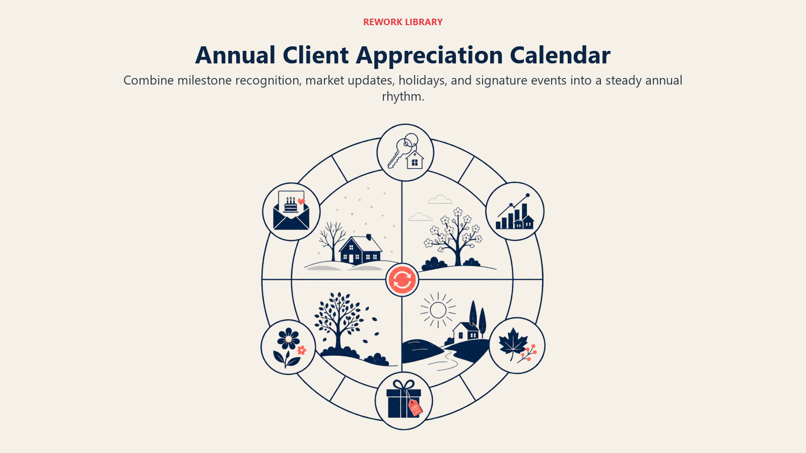 Annual Client Appreciation Calendar illustrated with a wide circular annual calendar divided into seasons with icons for anniversary key, birthday card, market report, spring event, thanksgiving note, and year-end gift; one coral recurring marker, no month text.