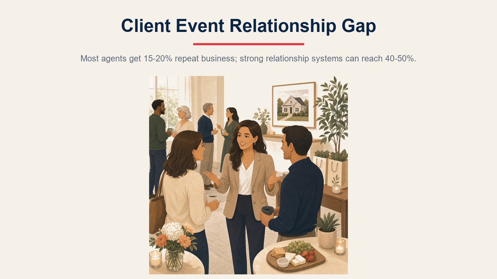 Client event relationship gap visual showing repeat business opportunity and relationship-based referrals
