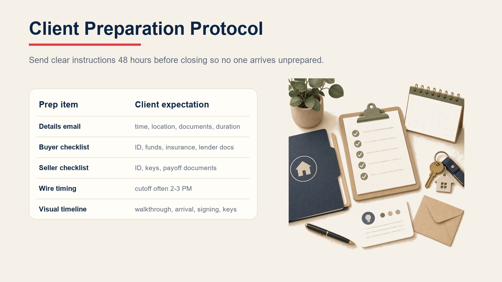 Client preparation protocol table for details email, buyer checklist, seller checklist, wire timing, and visual timeline