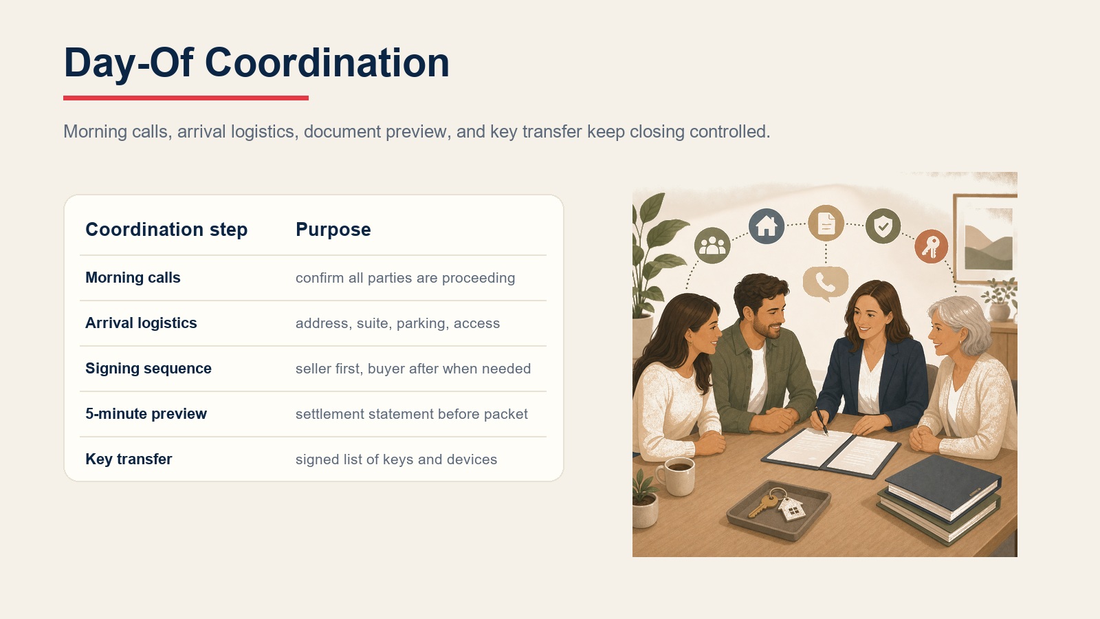Day-of coordination table for morning calls, arrival logistics, signing sequence, document preview, and key transfer