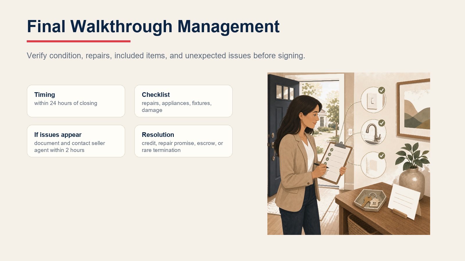 Final walkthrough management cards for timing, checklist, issue documentation, and resolution options